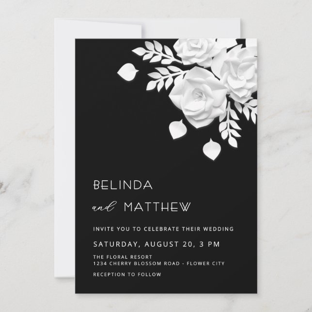 Invitation Mariage Fleurs 3D Noir Et Blanc  (Devant)