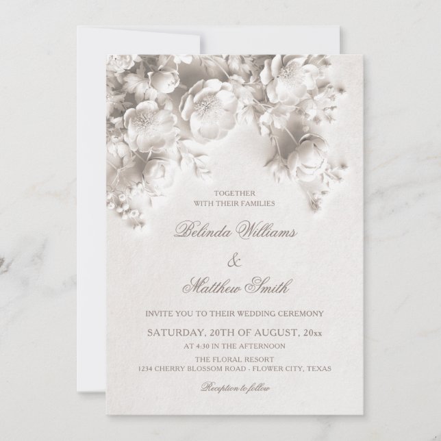 Invitation Mariage Fleurs 3D Roses Sculptées Blanches  (Devant)