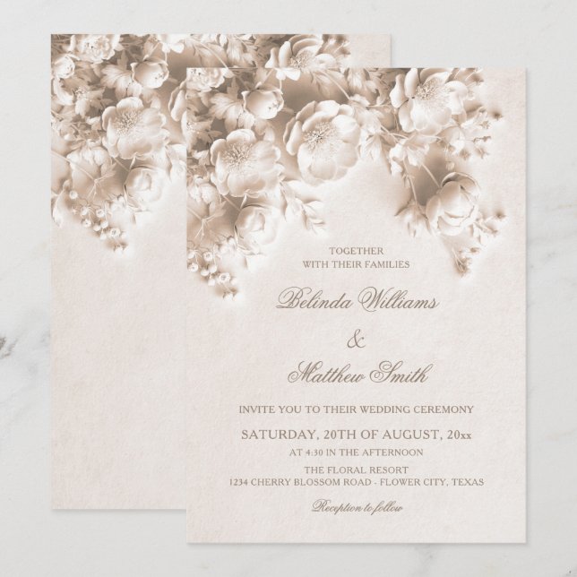 Invitation Mariage Fleurs 3D Sculptées Crème Ivoire Roses  (Devant / Derrière)