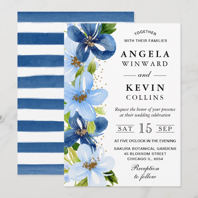 Invitation Mariage Fleurs Aquarelle Bleu et Marine (Devant / Derrière)