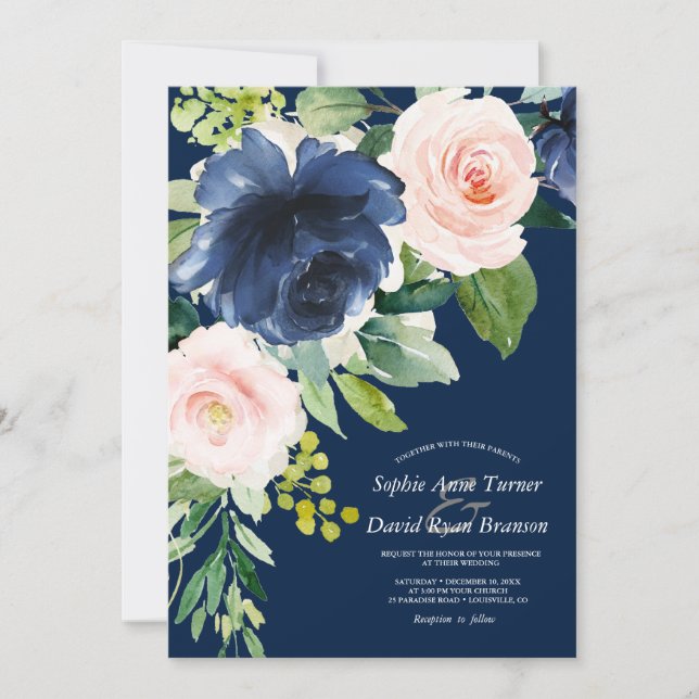 Invitation Mariage Fleurs Aquarelle Bleu Nuit Rose Doré (Devant)