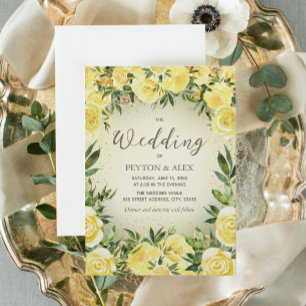 Invitation Mariage Fleurs Aquarelle Jaune Paillettes Dorées