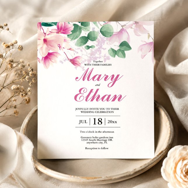 Invitation Mariage Fleurs Aquarelle Magnolia Rose (Pink Magnolia Watercolor Flowers Wedding Invitation, Floral Invitation, Save the Date Card)