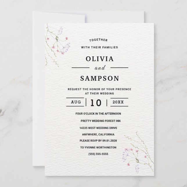 Invitation Mariage fleurs aquarelle minimalistes blanches (Devant)