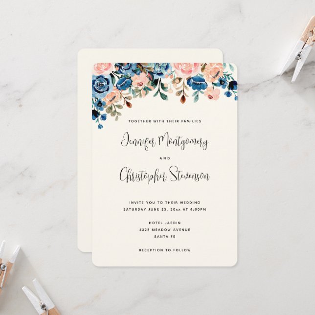 Invitation Mariage Fleurs Aquarelle Rose et Bleu (Devant/Arrière en situation)