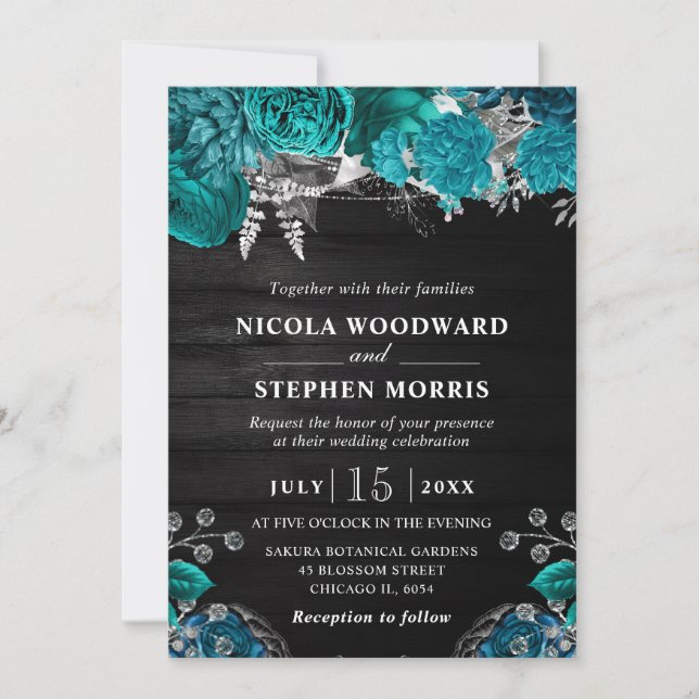Invitation Mariage Fleurs Aquarelle Rustique Sarcelle et Arge (Devant)