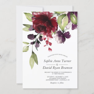 Invitation Mariage Fleurs Aquarelle Violet Bourgogne Unique