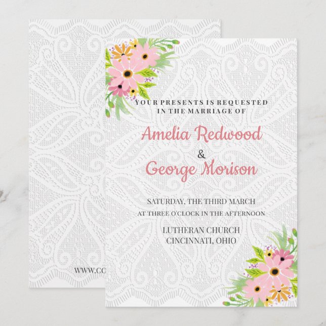 Invitation Mariage Fleurs Aquarelles Et Dentelle (Devant / Derrière)