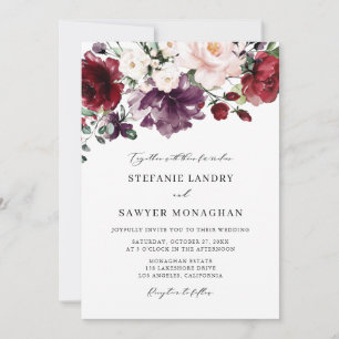Invitation Mariage Fleurs Aquarelles Rouge et Violet Bohème
