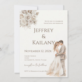 Invitation Mariage Fleurs Beige