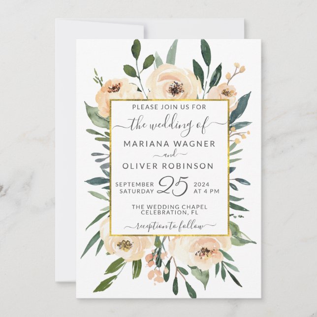 Invitation Mariage Fleurs Beige Roses Blush Or sur Fond Blanc (Devant)