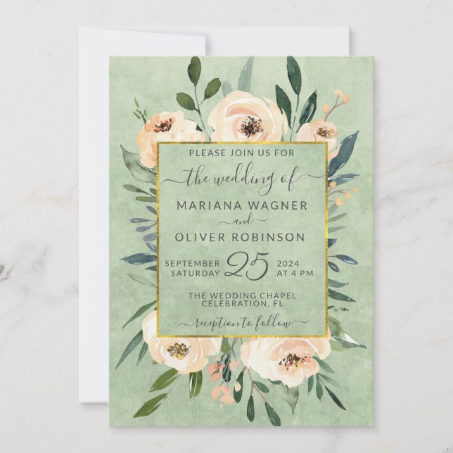 Invitation Mariage Fleurs Beige Roses Blush Or Vert Sauge (Devant)