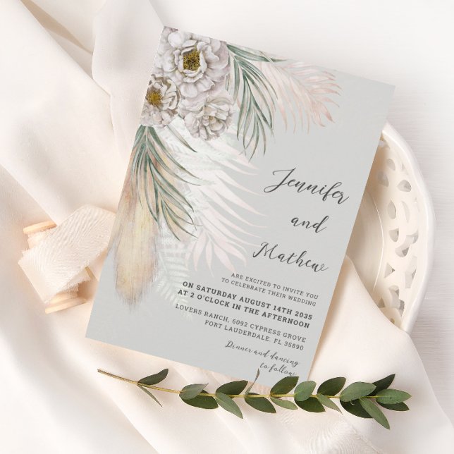 Invitation Mariage Fleurs Blanches & Herbe de Pampas Vert Rus (Créateur téléchargé)