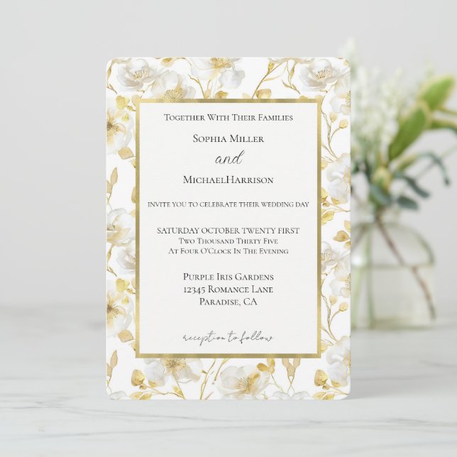 Invitation Mariage Fleurs Blanches Or Jolies (Debout devant)