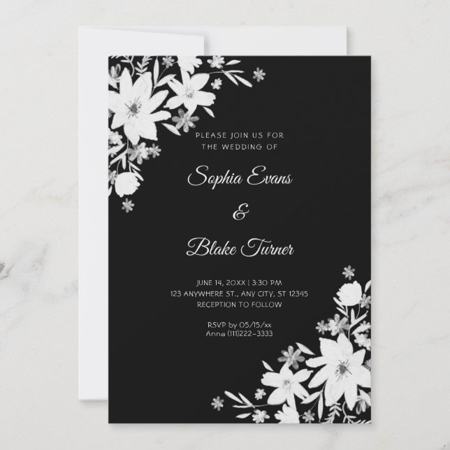 Invitation Mariage Fleurs Blanches Romantiques Floral Noir (Devant)