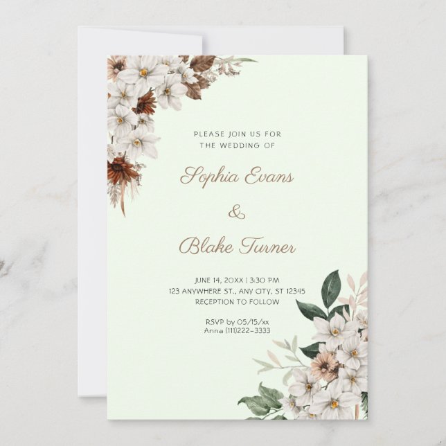 Invitation Mariage Fleurs Blanches Rustiques Bohème Vert Clai (Devant)