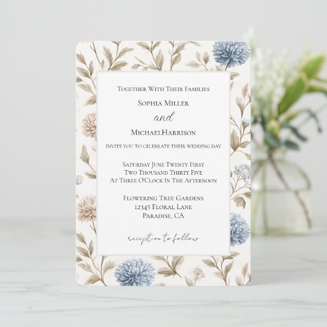 Invitation Mariage Fleurs Bleues Crème Jolies (Debout devant)