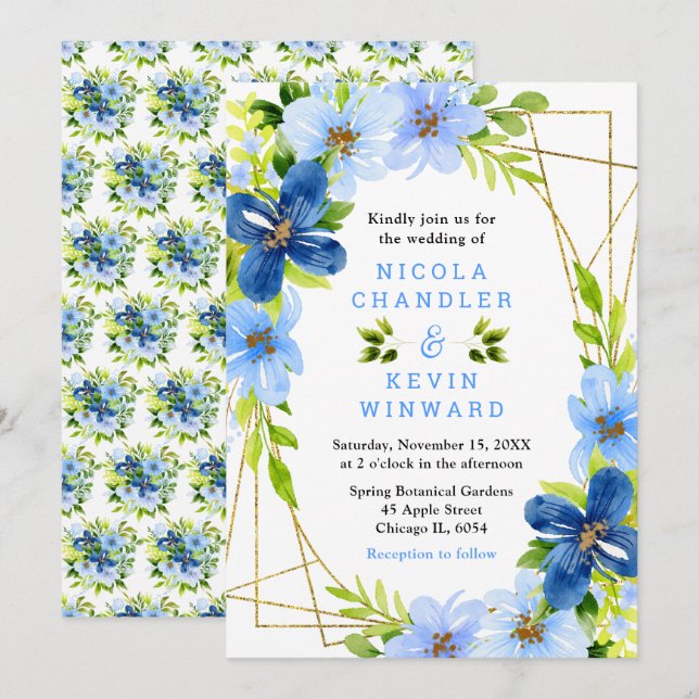 Invitation Mariage Fleurs Bleues et Nuit avec Feuillage (Devant / Derrière)