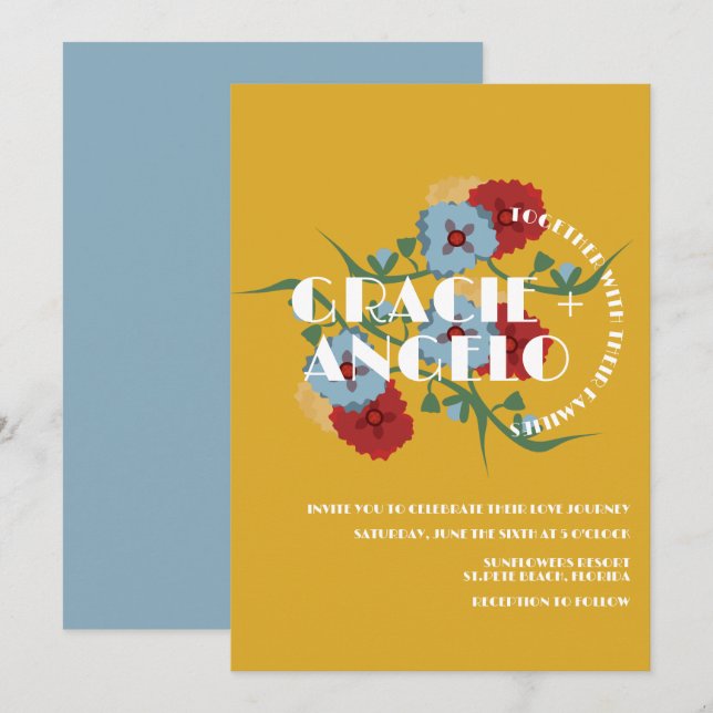 Invitation Mariage Fleurs Bleues Moutarde Mexicaine  (Devant / Derrière)