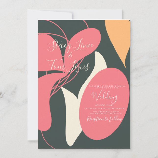 Invitation Mariage Fleurs Boho Formes Organiques Rose Orange (Devant)