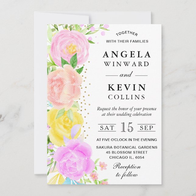 Invitation Mariage Fleurs Boho Orange Rose et Jaune (Devant)
