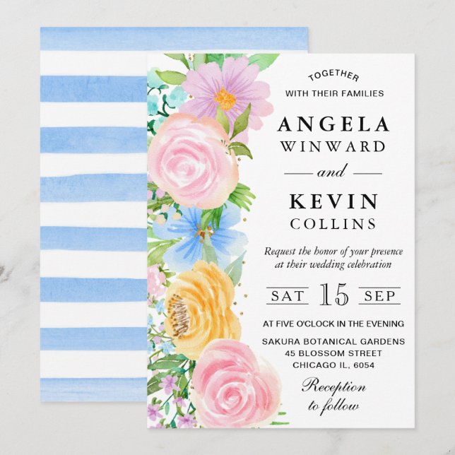 Invitation Mariage Fleurs Boho Rose Jaune et Bleu (Devant / Derrière)