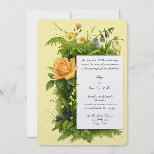 Invitation Mariage Fleurs Botaniques Couleur Rétro (Devant)