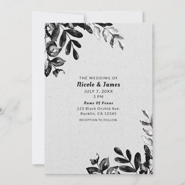 Invitation Mariage Fleurs Botaniques Noir + Blanc Vintage (Devant)