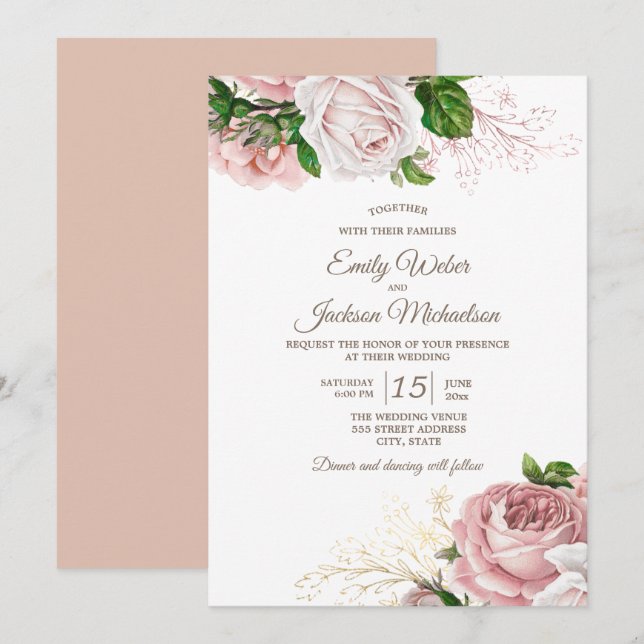 Invitation Mariage Fleurs Botaniques Roses Roses Blanches Vin (Devant / Derrière)