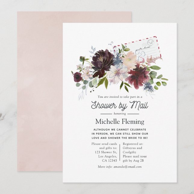 Invitation Mariage Fleurs Bourgogne et Blush par la Poste (Devant / Derrière)