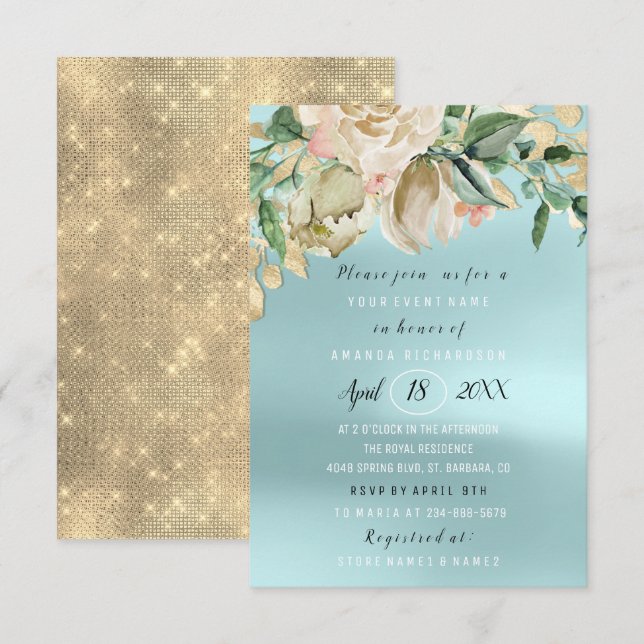 Invitation Mariage Fleurs Brunch Étincelle Or Bleu (Devant / Derrière)
