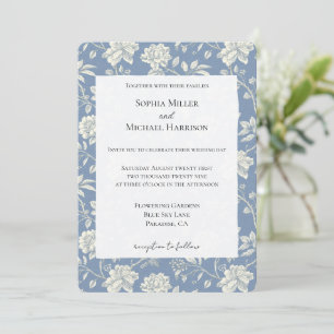 Invitation Mariage Fleurs Crème Bleu Romantique Joli