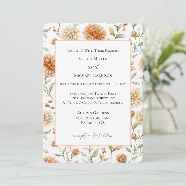 Invitation Mariage Fleurs Crème Orange (Debout devant)