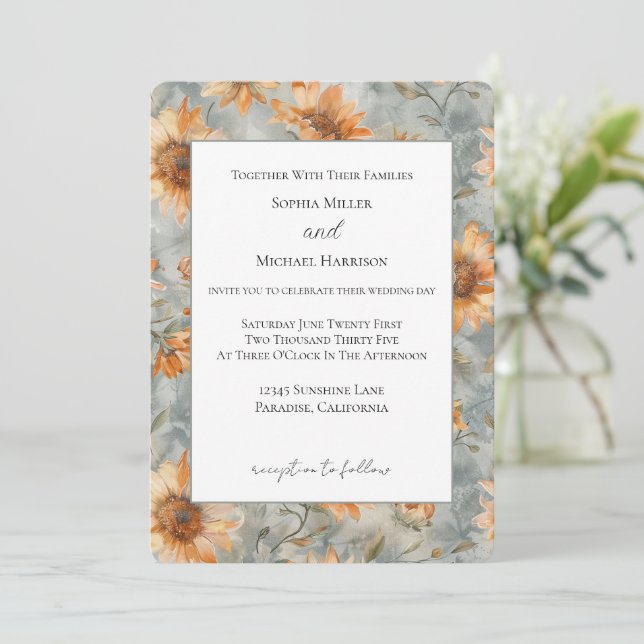 Invitation Mariage Fleurs Crème Orange Bleu (Debout devant)