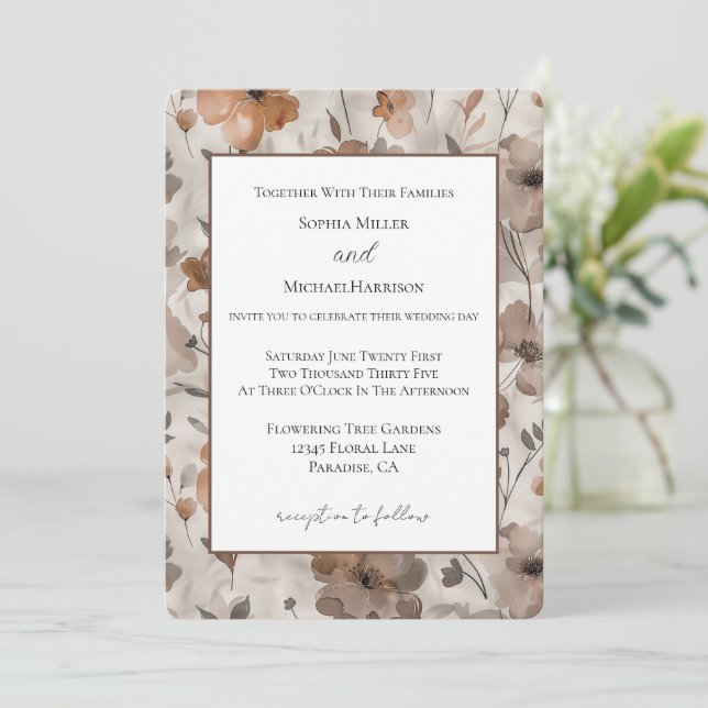 Invitation Mariage Fleurs Crème Orange Marron (Debout devant)