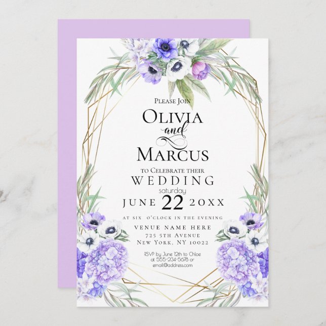 Invitation Mariage | Fleurs d'anémones violettes (Devant / Derrière)