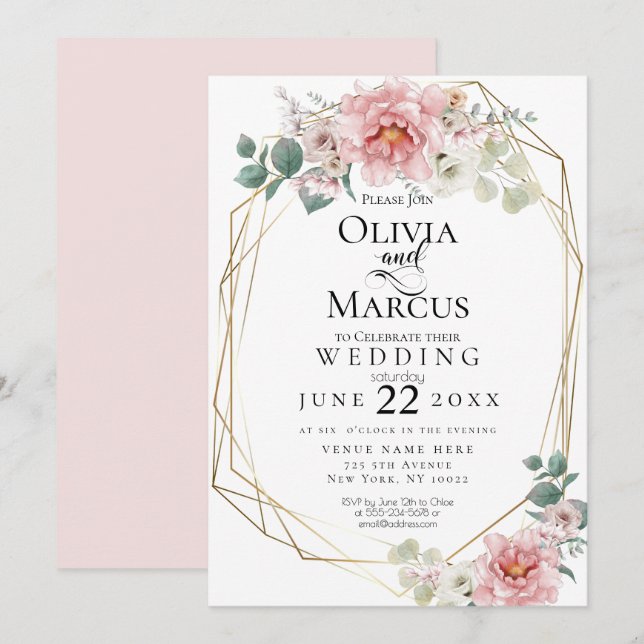Invitation Mariage | Fleurs d'aquarelle de pivoine rose bébé (Devant / Derrière)