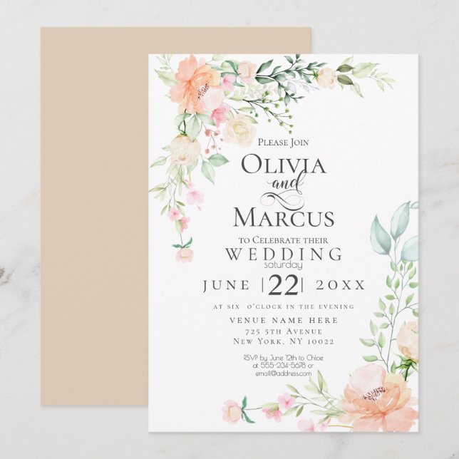 Invitation MARIAGE | Fleurs d'aquarelle Pastel Spring (Devant / Derrière)