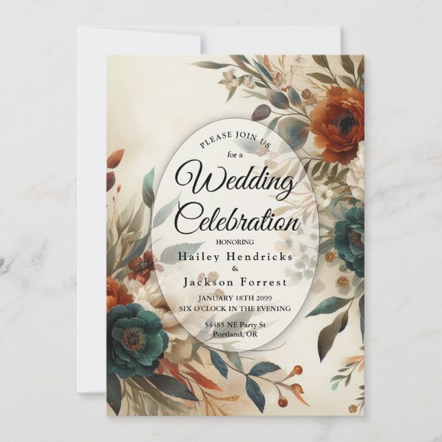 Invitation Mariage Fleurs d'Automne Orange Brûlé et Bleu (Devant)