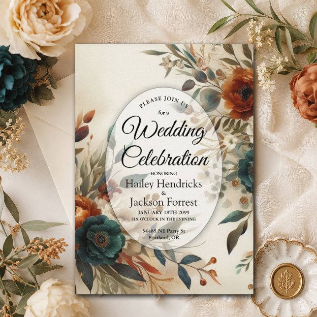 Invitation Mariage Fleurs d'Automne Orange Brûlé et Bleu (Créateur téléchargé)