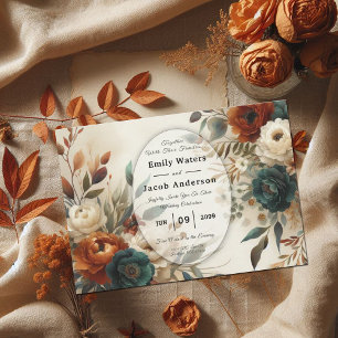 Invitation Mariage Fleurs d'Automne Orange Brûlé et Bleu