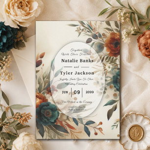 Invitation Mariage Fleurs d'Automne Orange Brûlé et Bleu