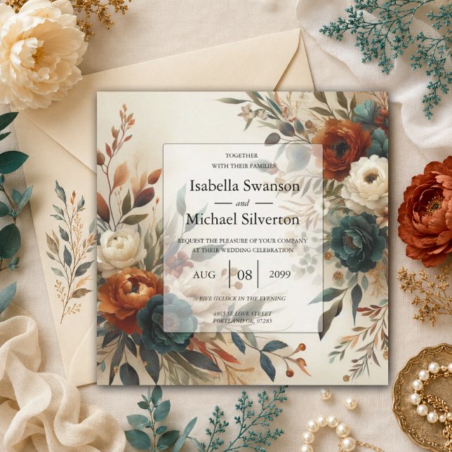 Invitation Mariage Fleurs d'Automne Orange Brûlé et Bleu (Créateur téléchargé)