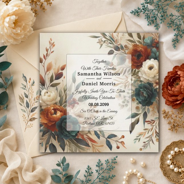 Invitation Mariage Fleurs d'Automne Orange Brûlé et Bleu (Créateur téléchargé)
