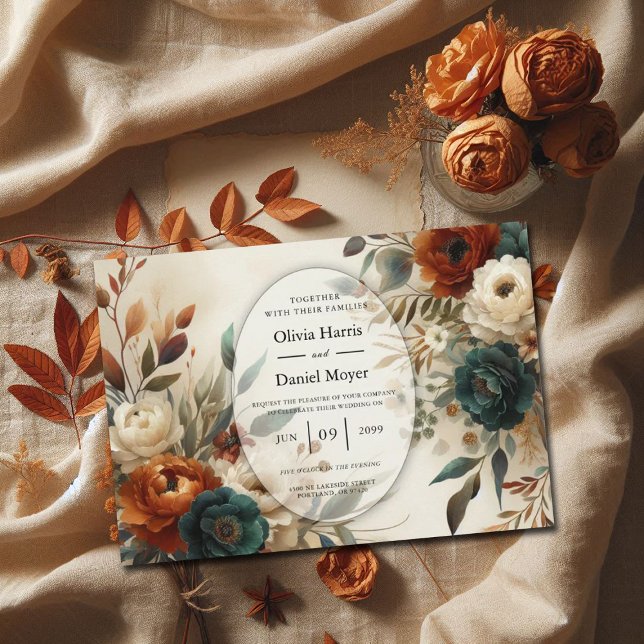 Invitation Mariage Fleurs d'Automne Orange Brûlé et Bleu (Créateur téléchargé)