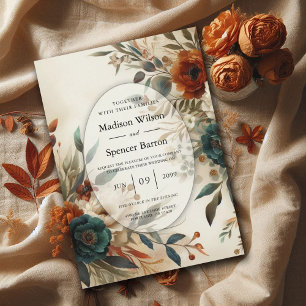 Invitation Mariage Fleurs d'Automne Orange Brûlé et Bleu