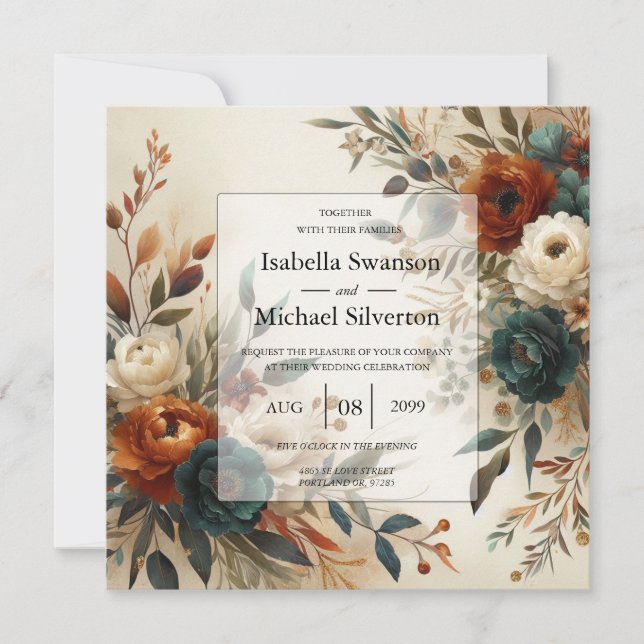 Invitation Mariage Fleurs d'Automne Orange Brûlé et Bleu  (Devant)