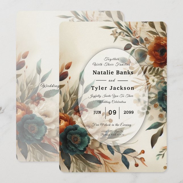 Invitation Mariage Fleurs d'Automne Orange Brûlé et Bleu (Devant / Derrière)