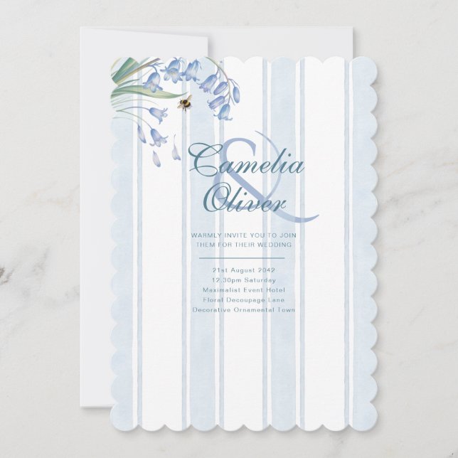 Invitation Mariage Fleurs de Bleuet Rayures Florales Patrimoi (Devant)