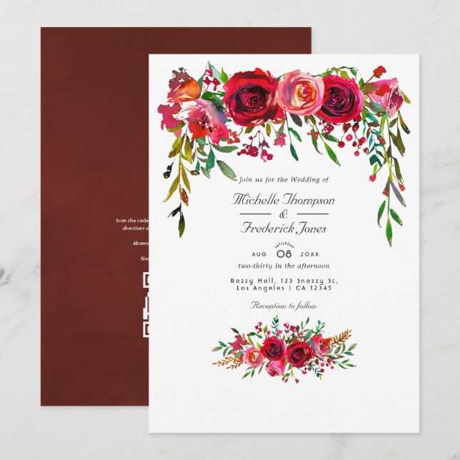 Invitation Mariage Fleurs de Bourgogne et Blush avec QR Code  (Devant / Derrière)